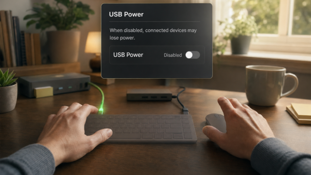 Floating USB Power settings dialog above a desk setup, indicating USB Power is Disabled.