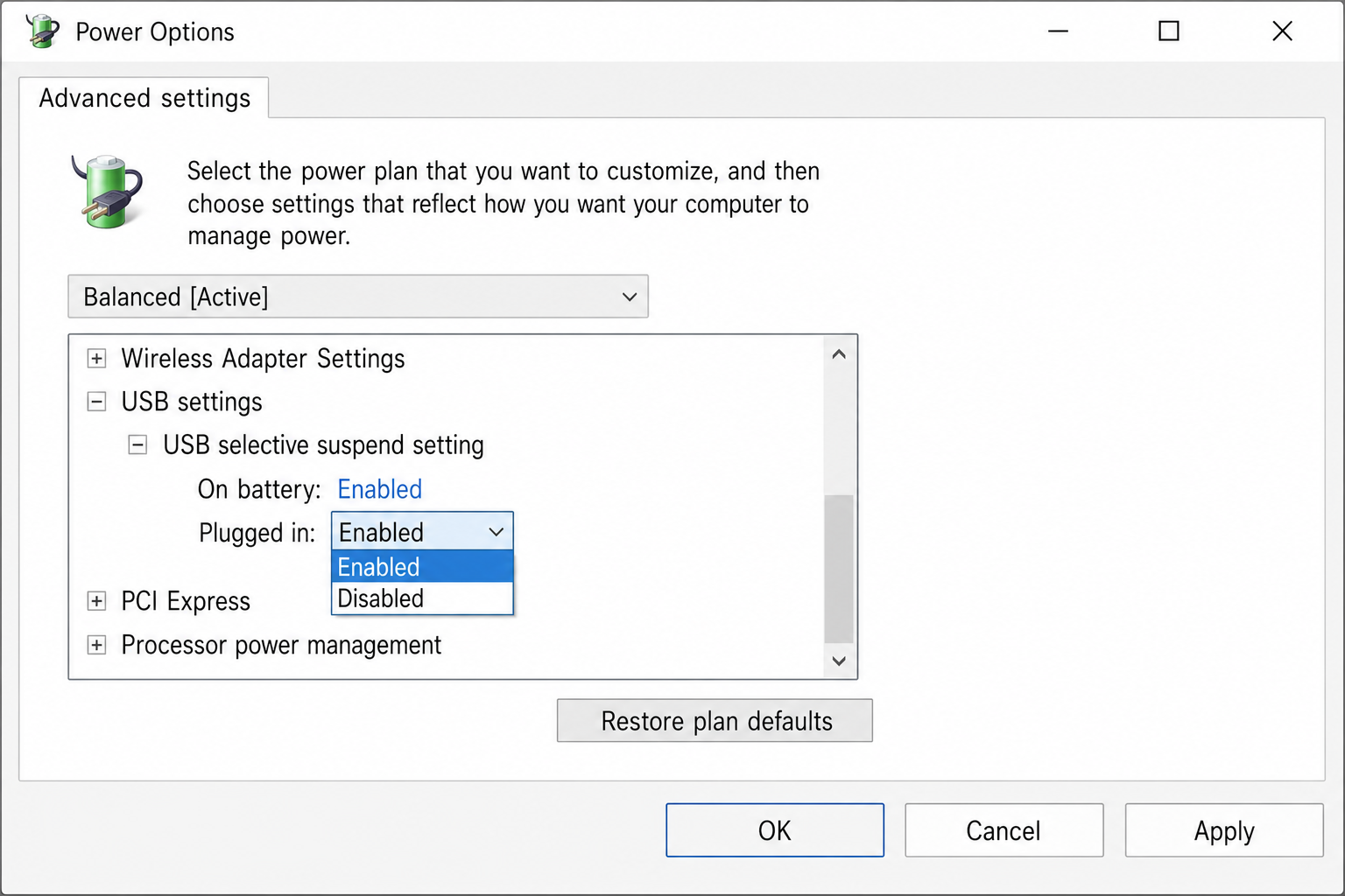 Power Options advanced settings dialog open, showing the USB settings section expanded
