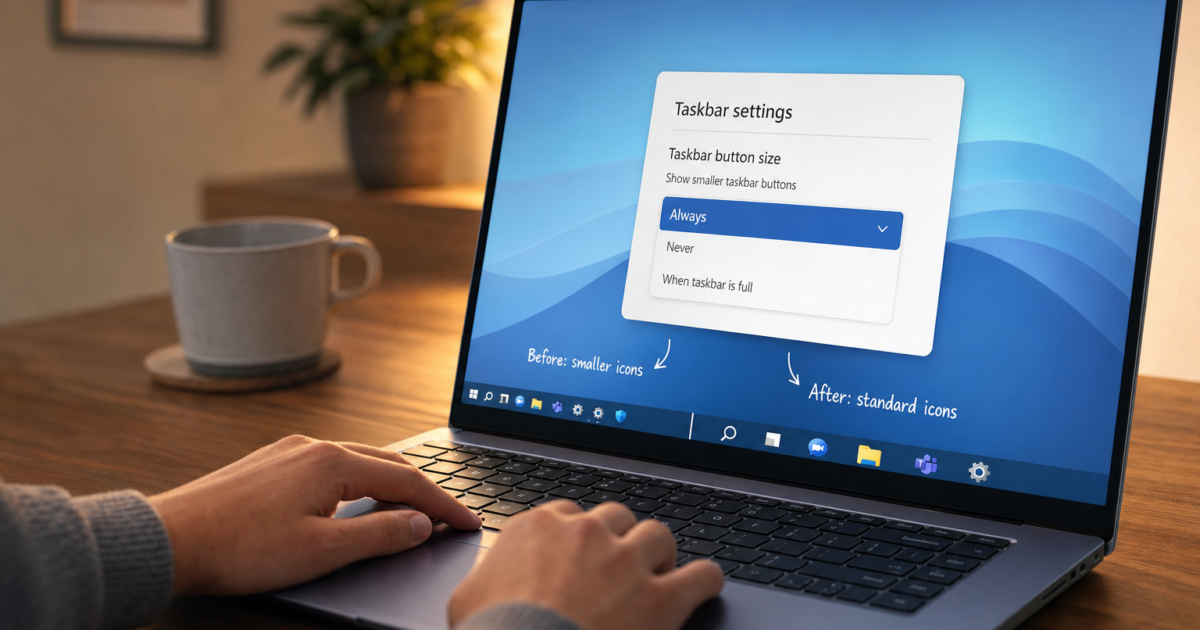 Hands typing on a laptop with a Windows Taskbar settings dialog open on the screen, showing the 'Always' option selected.