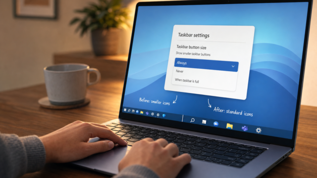 Hands typing on a laptop with a Windows Taskbar settings dialog open on the screen, showing the 'Always' option selected.