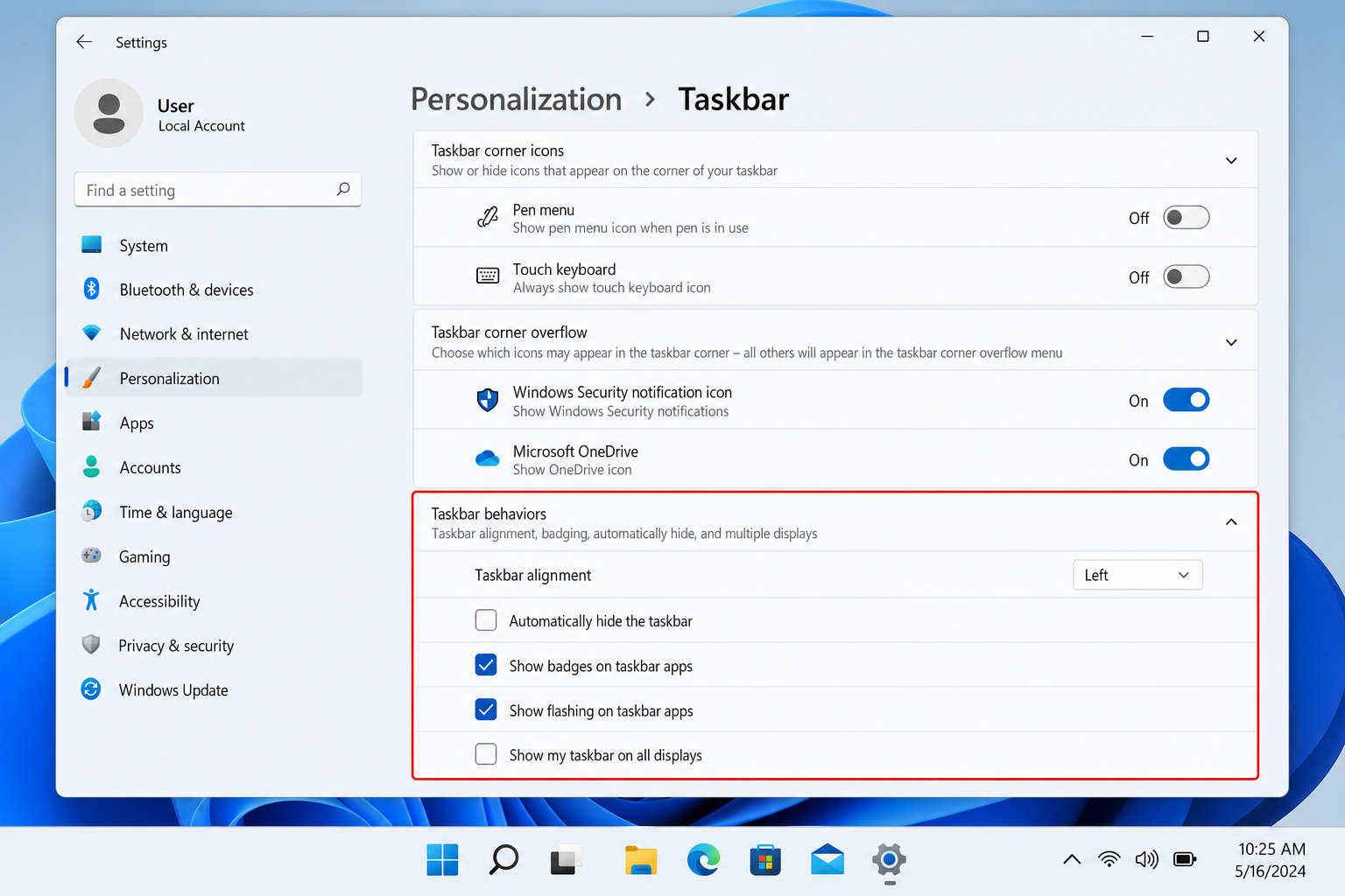 Windows 11 Settings > Personalization > Taskbar > Taskbar behaviors section expanded