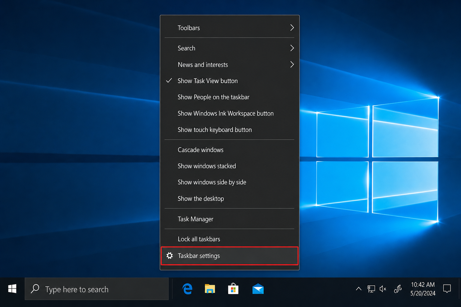 Windows 10 taskbar right-click context menu with "Taskbar settings" highlighted