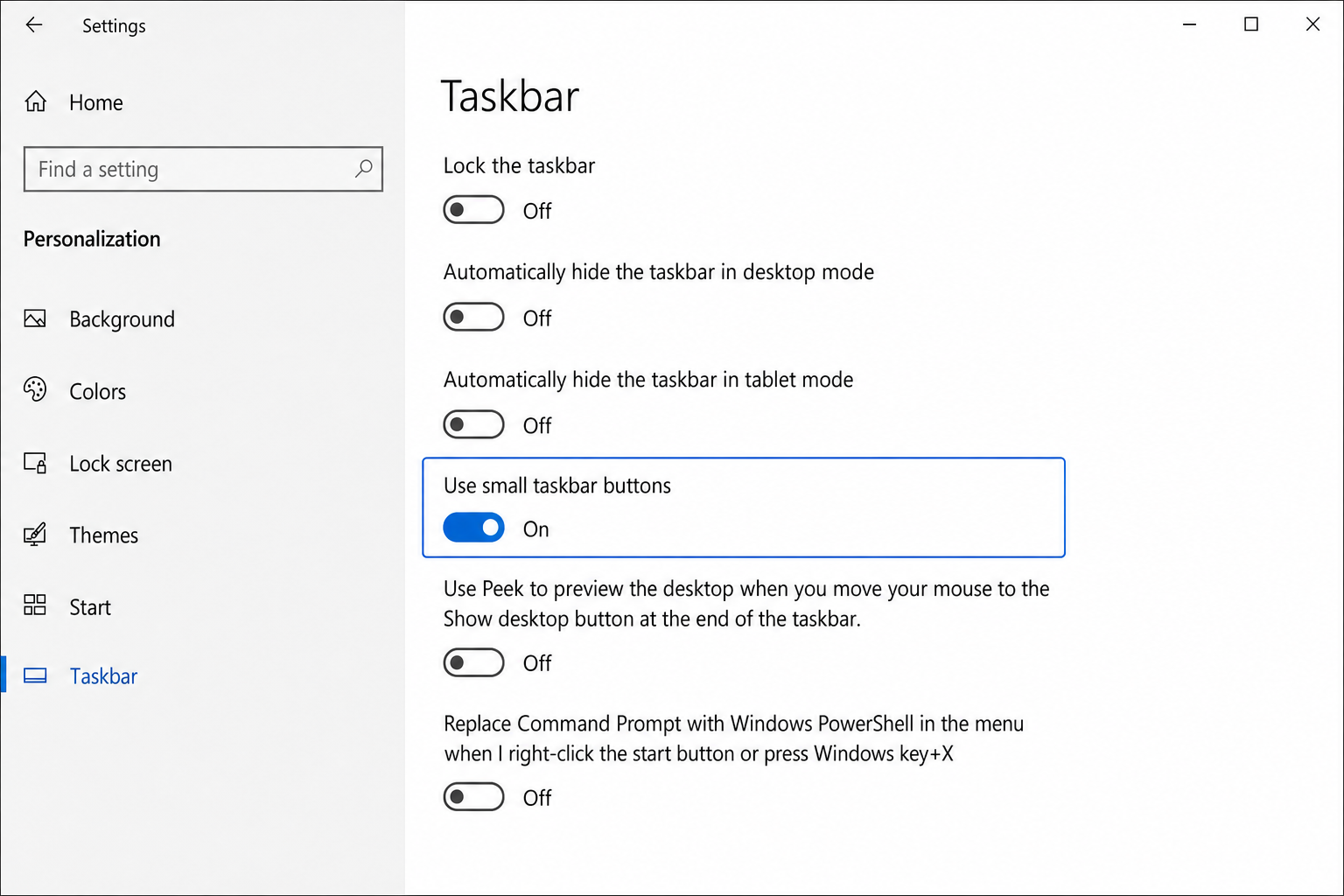 Windows 10 Settings > Personalization > Taskbar with "Use small taskbar buttons" toggle switched On
