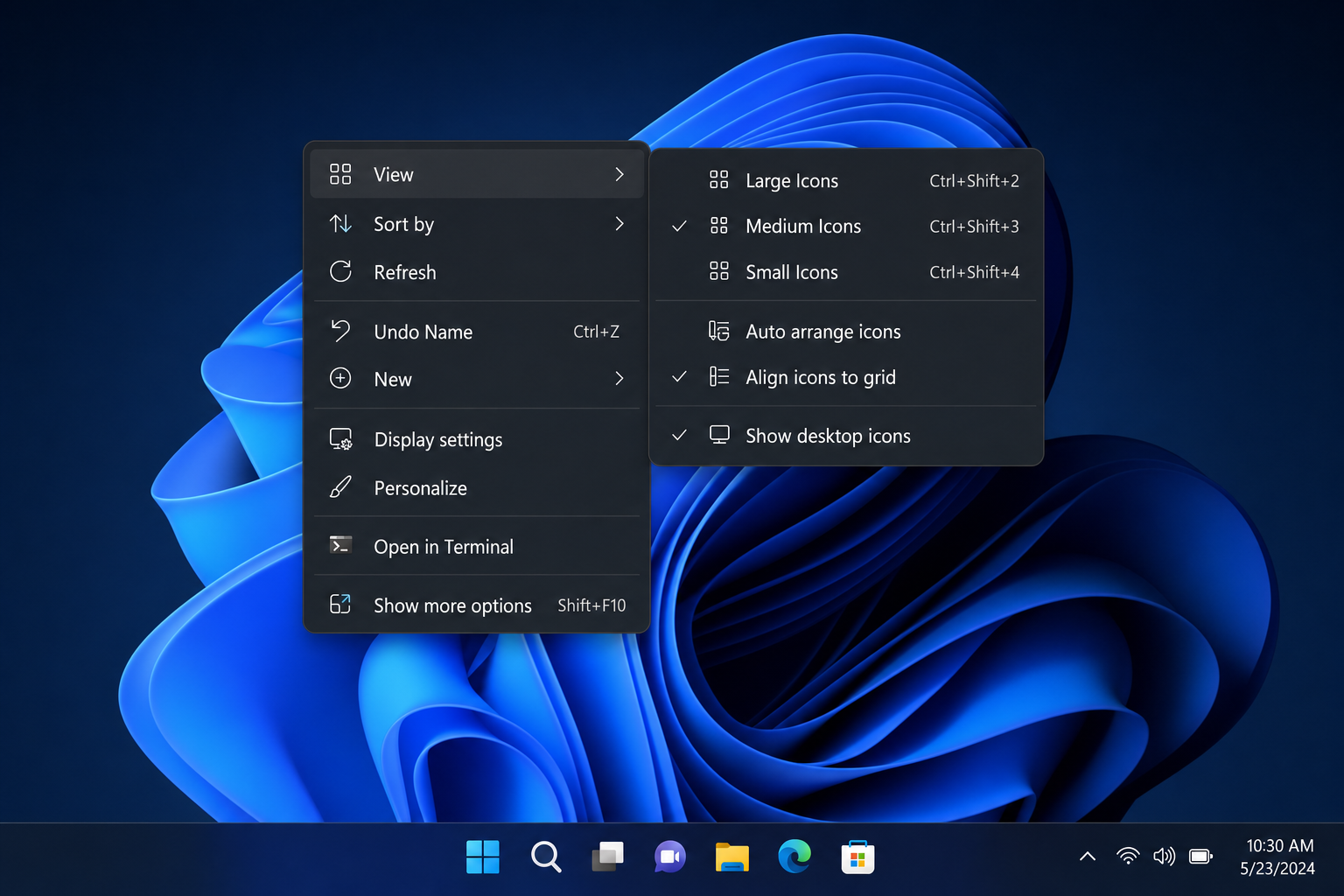 Windows 11 desktop right-click context menu with View submenu expanded, showing Small icons, Medium icons, and Large icons options