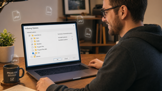 Developer at a desk with a laptop showing an 'Indexing Options' dialog and floating .php and .java file icons nearby.