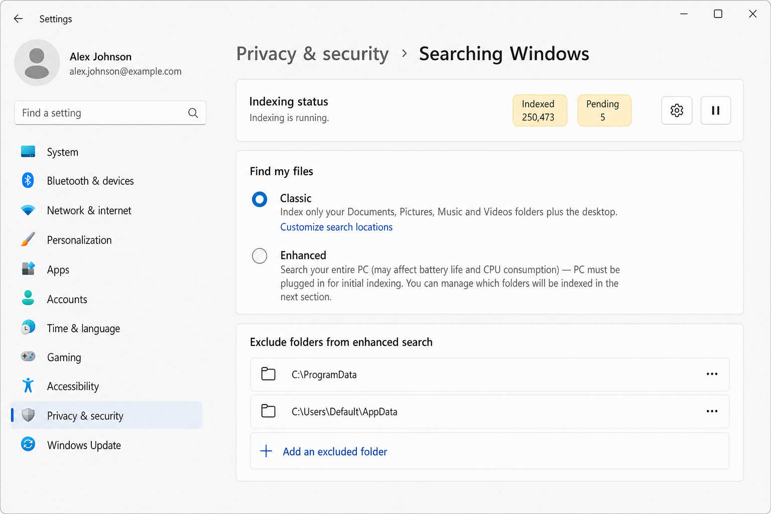 Windows 11 Settings > Privacy & security > Searching Windows, showing indexed item count and size on disk