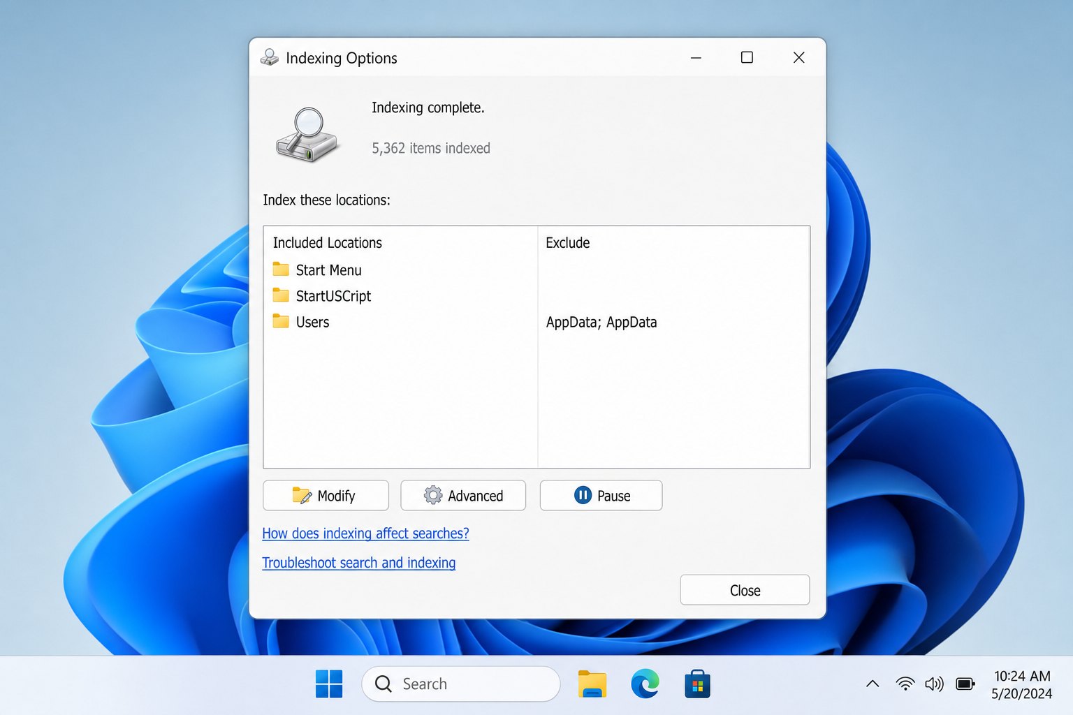 Indexing Options dialog in Windows 11 showing the Modify button and a list of currently indexed locations