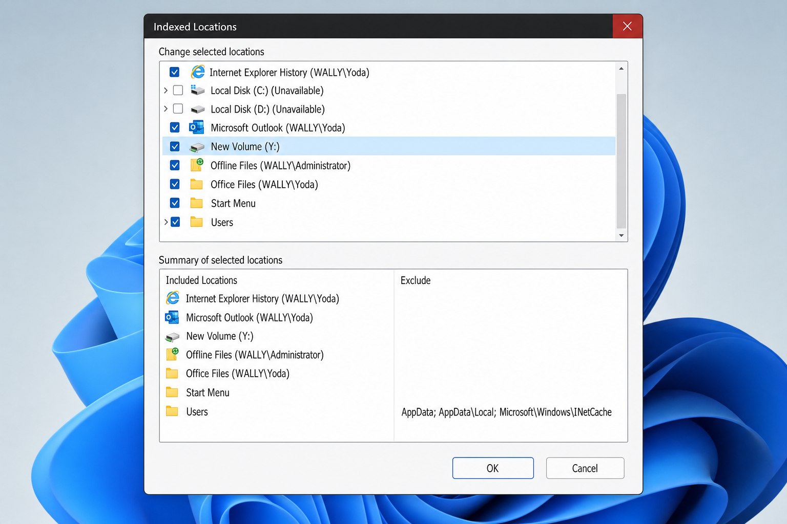 Indexed Locations folder picker with a network drive checked and OK button visible
