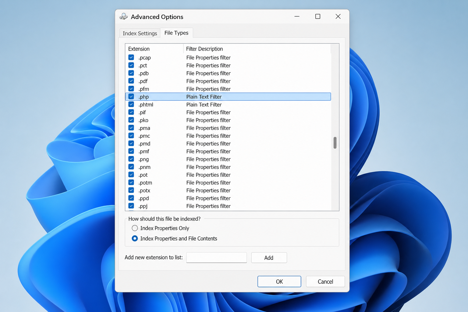 Advanced Indexing Options dialog showing the File Types tab with .php selected and "Index Properties and File Contents" radio button chosen