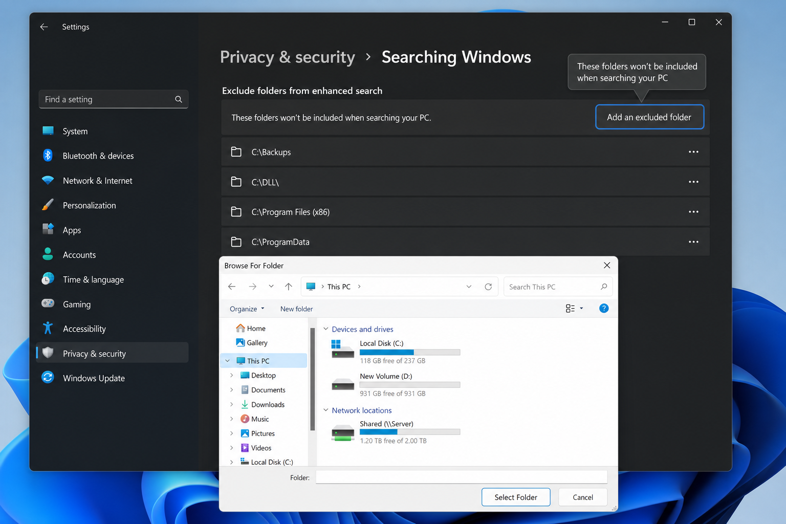 Windows 11 Searching Windows settings with "Add an excluded folder" option highlighted and a folder picker dialog open