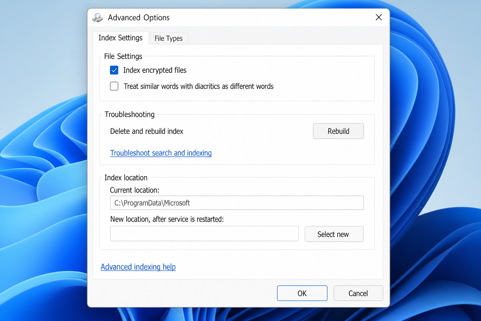 Advanced Indexing Options > Index Settings tab showing encrypted files checkbox, diacritics option, and index location with Select New button