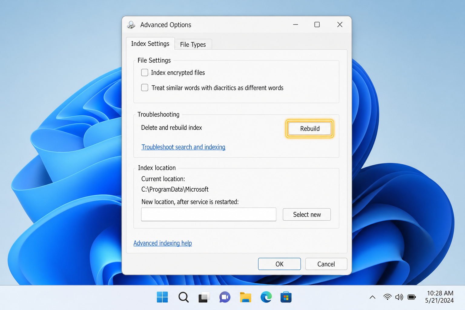 Advanced Indexing Options > Index Settings tab with Rebuild button highlighted and confirmation dialog visible