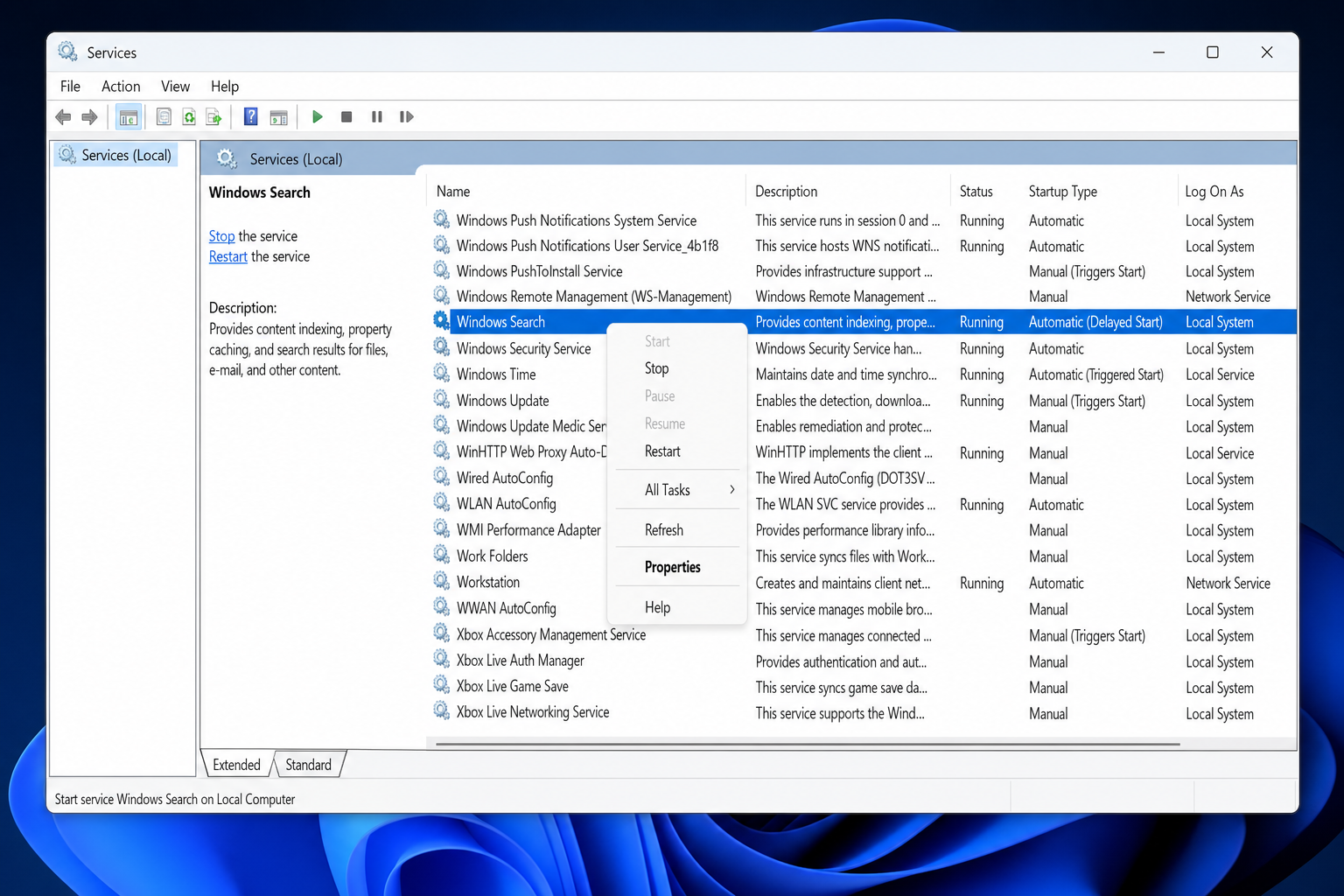 services.msc with Windows Search service highlighted, showing Status as Running and Startup Type as Automatic (Delayed Start), with right-click context menu visible