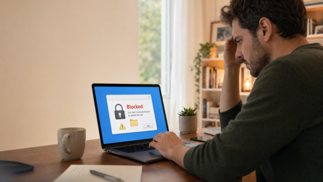 Man seated at a desk looking at a laptop screen showing a blocked file warning: 'You don’t have permission to delete this file.'