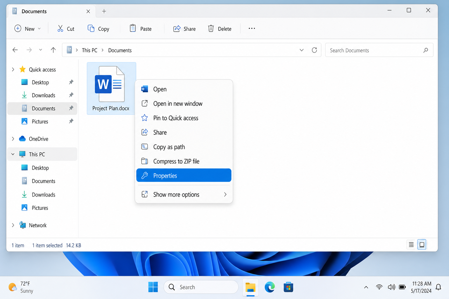 Windows 11 right-click context menu on a file with Properties highlighted