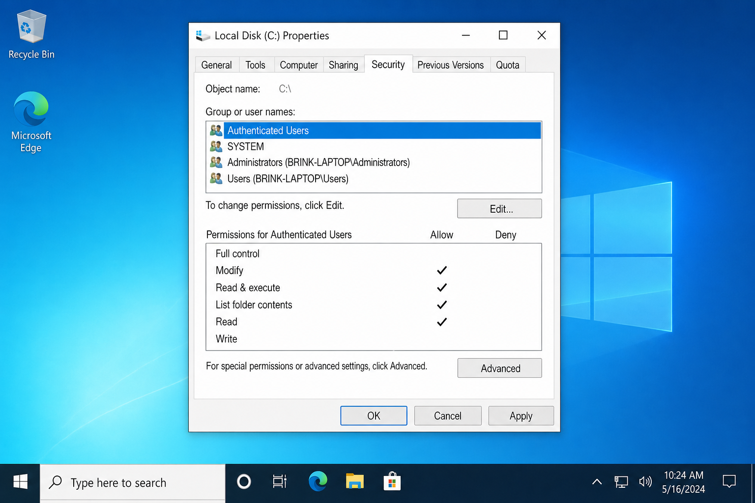 File Properties dialog on the Security tab with the Advanced button visible at the bottom