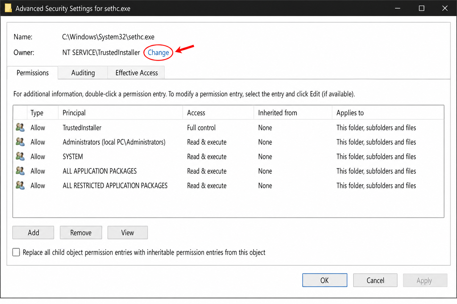 Advanced Security Settings window showing NT SERVICE\TrustedInstaller as the current owner, with the Change link highlighted