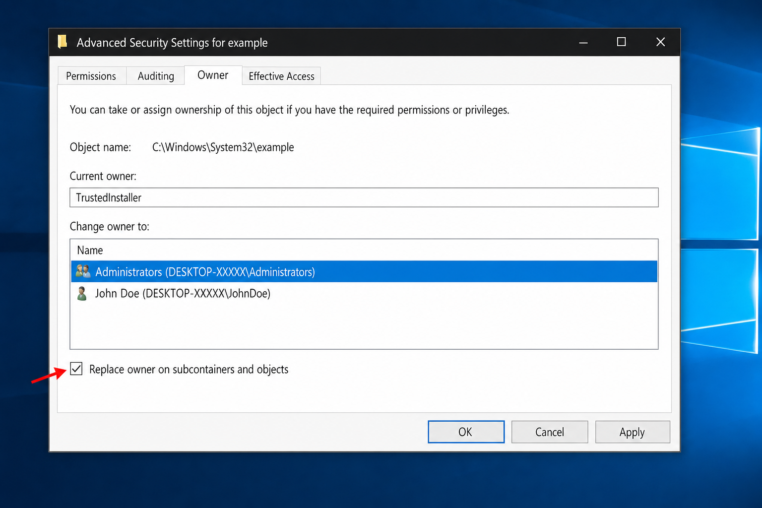 Advanced Security Settings window showing Administrators as the new owner, with "Replace owner on subcontainers and objects" checkbox checked