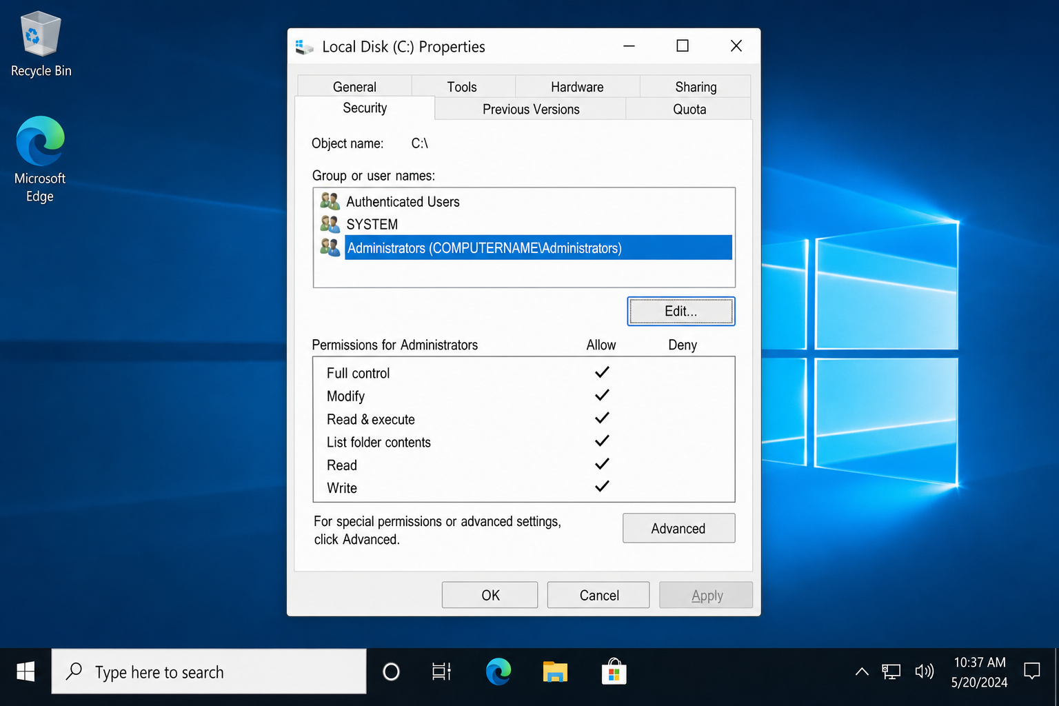 File Properties Security tab with the Edit button highlighted and Administrators listed in the Group or user names box