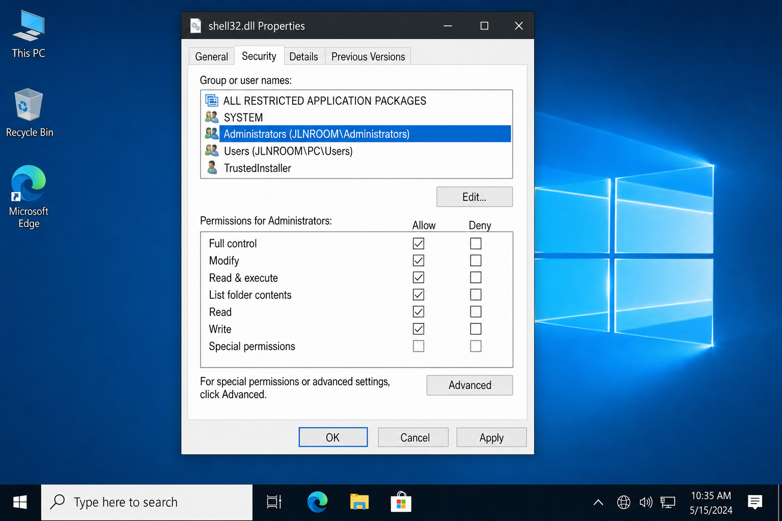 Permissions dialog with Administrators selected and Full Control checkbox checked under Allow column