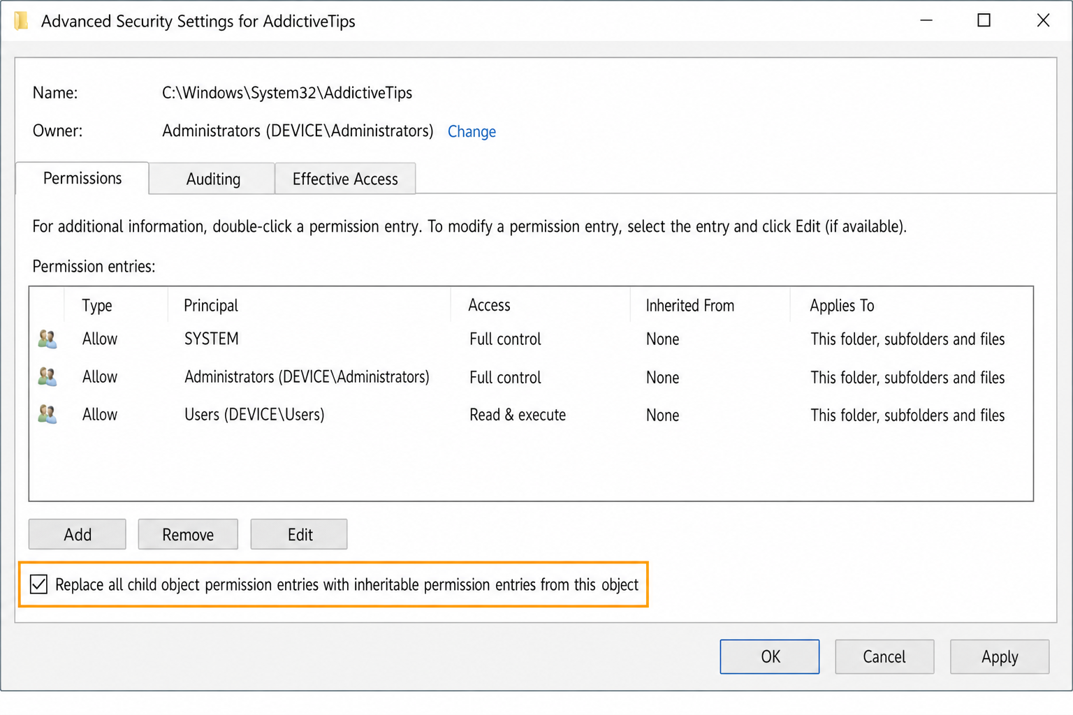 Advanced Security Settings Permissions tab with "Replace all child object permission entries with inheritable permission entries from this object" checkbox checked and Apply button visible