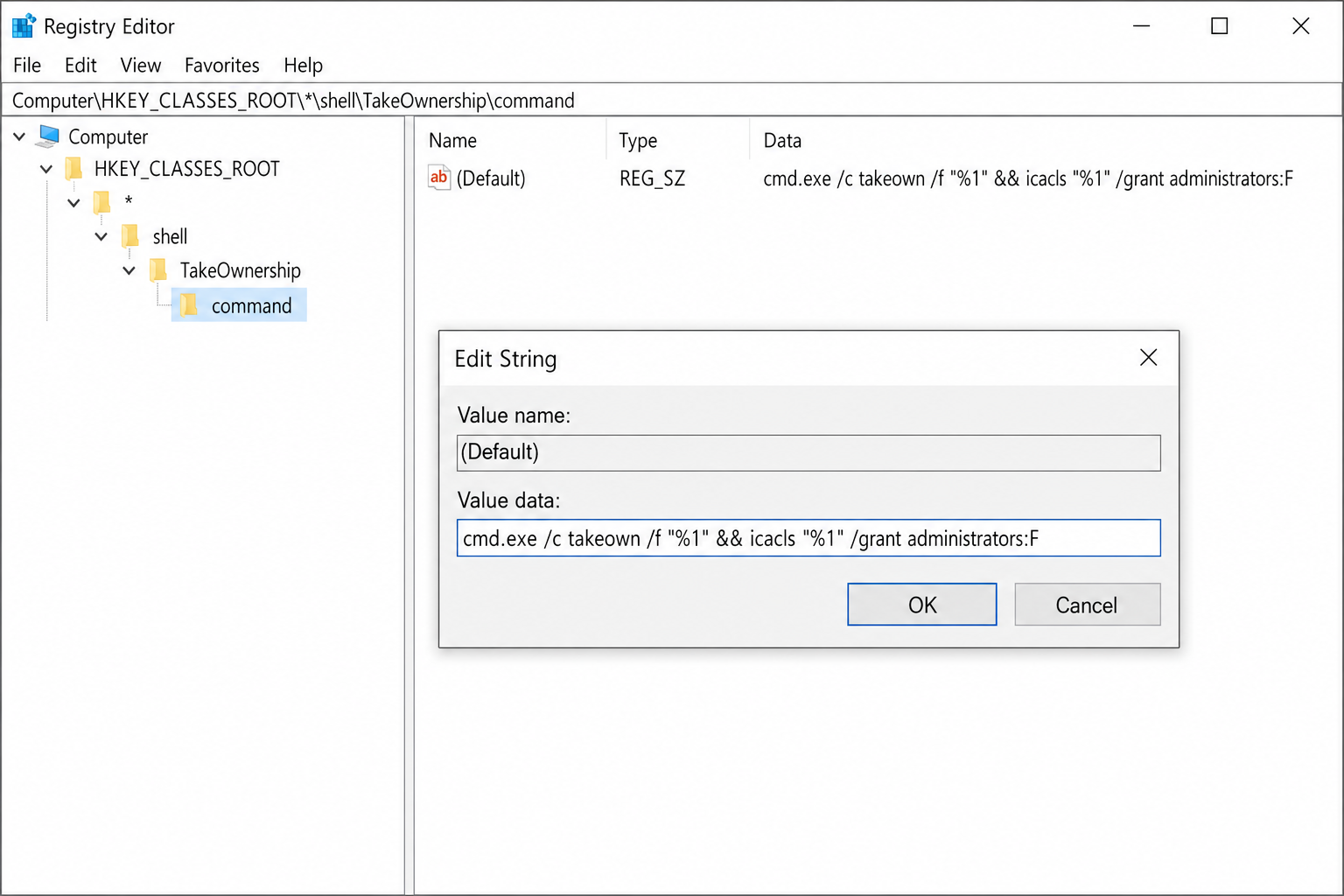 Registry Editor showing HKEY_CLASSES_ROOT\*\shell\TakeOwnership\command with the Default value set to the takeown command