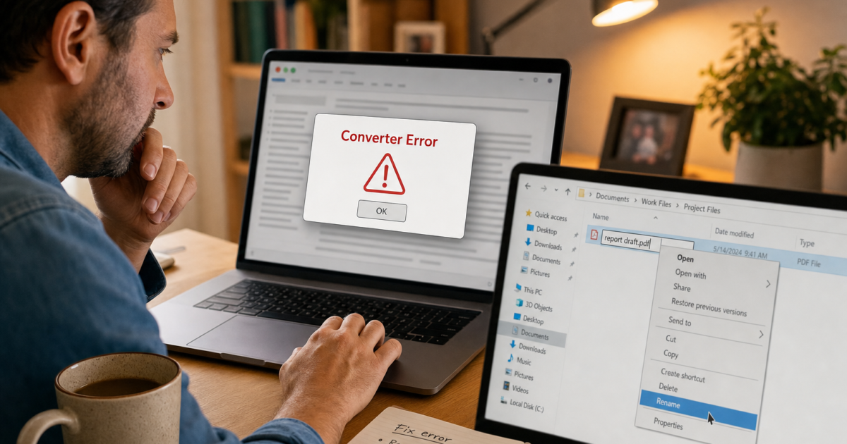 Man at a desk looks at a laptop displaying a 'Converter Error' dialog with a red warning triangle, while a second laptop shows a file-renaming menu.