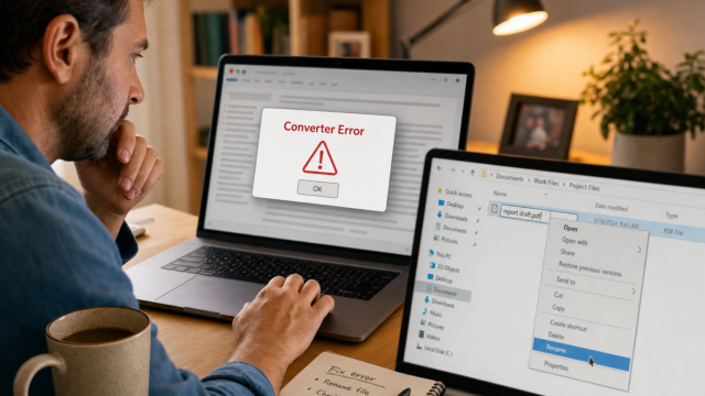 Man at a desk looks at a laptop displaying a 'Converter Error' dialog with a red warning triangle, while a second laptop shows a file-renaming menu.