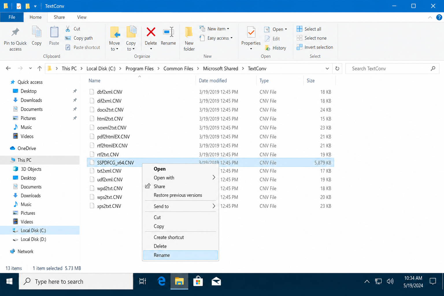 File Explorer showing C:\Program Files\Common Files\Microsoft Shared\TextConv folder with SSPDFCG_x64.CNV file highlighted and right-click rename menu visible