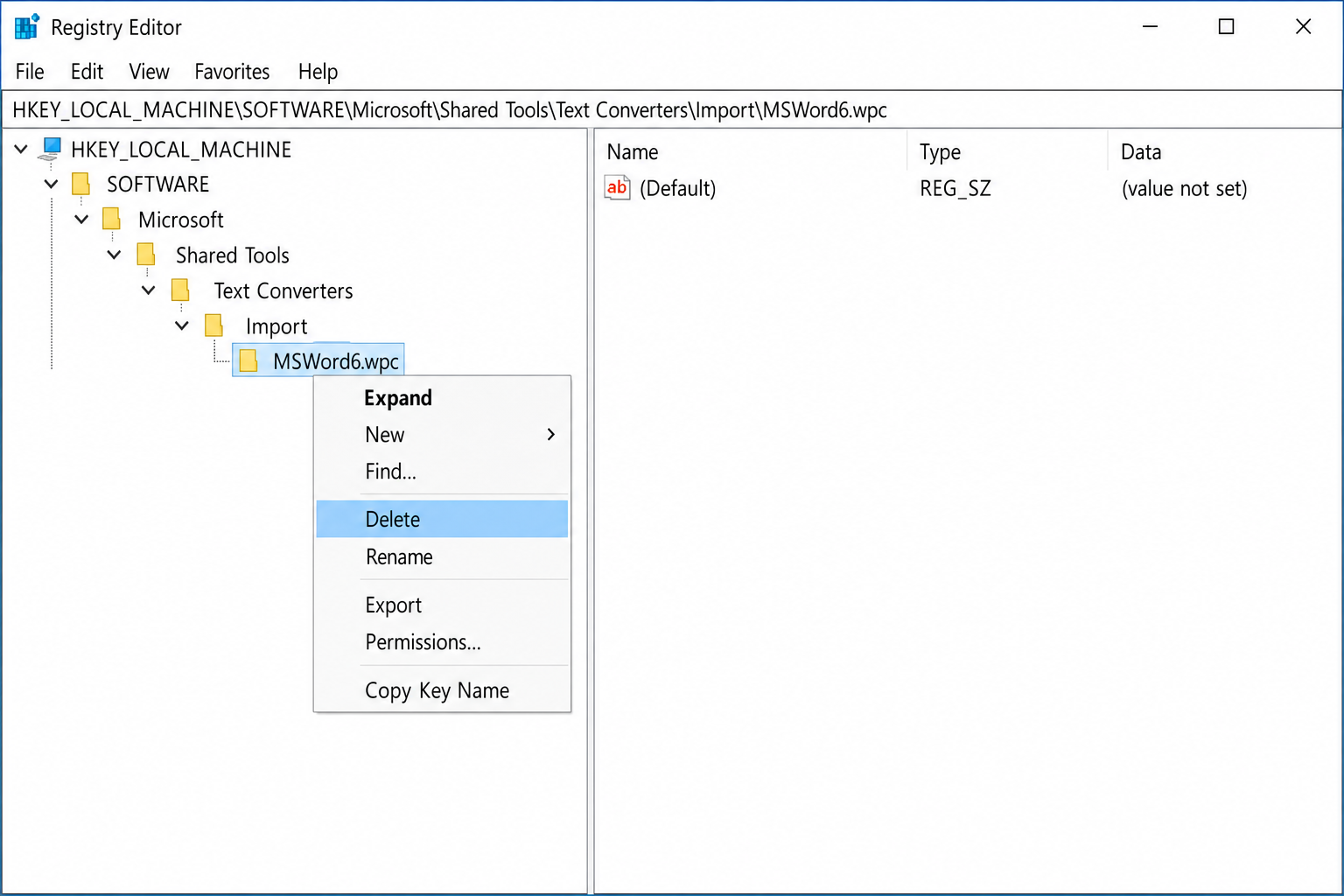 Registry Editor showing HKEY_LOCAL_MACHINE\SOFTWARE\Microsoft\Shared Tools\Text Converters\Import\MSWord6.wpc key selected in left pane with right-click context menu showing Delete option