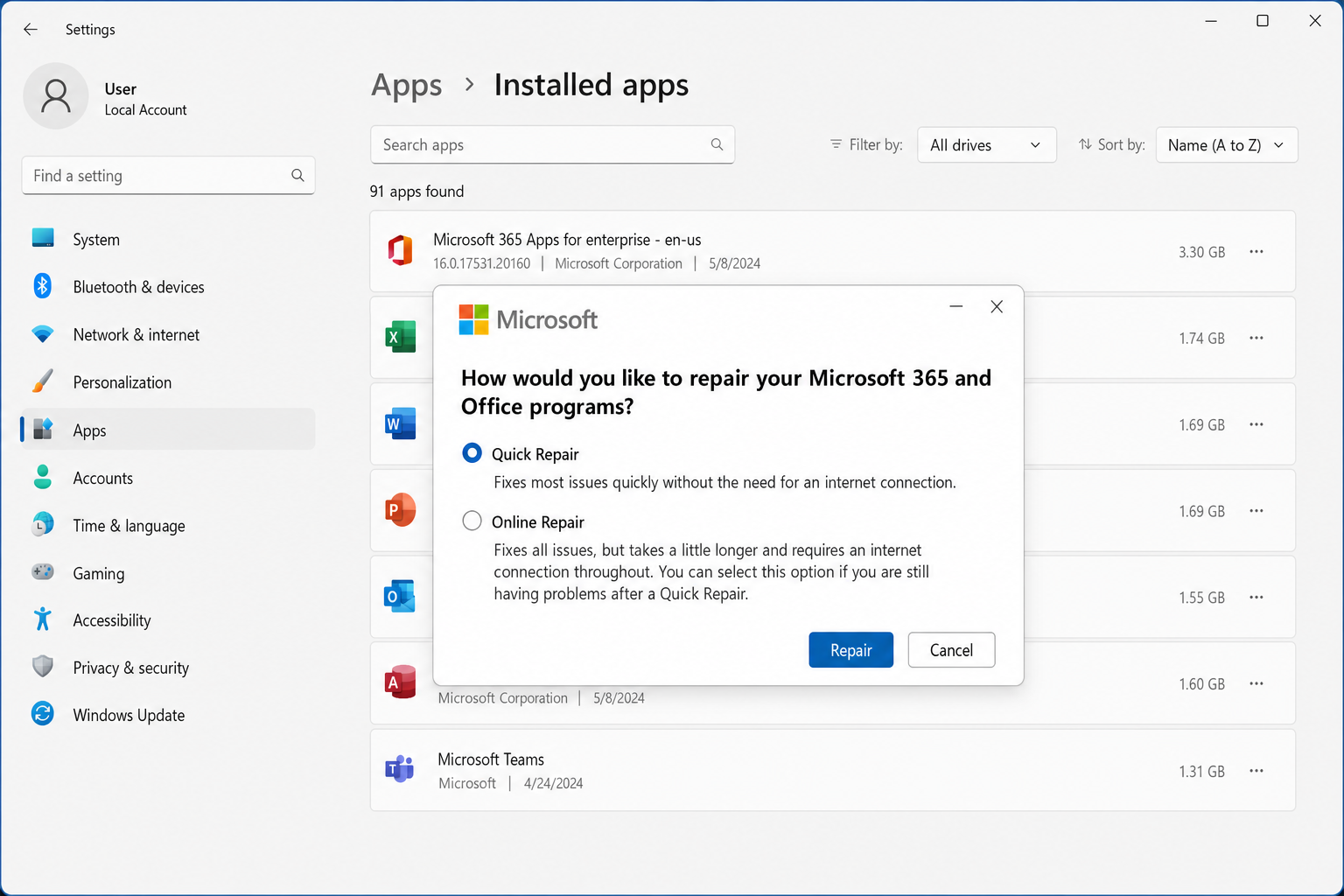 Windows 11 Settings > Apps > Installed apps showing Microsoft 365 with the Modify dialog open and Quick Repair option selected