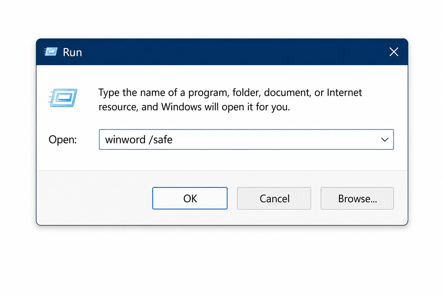 Windows Run dialog with winword /safe typed in the Open field