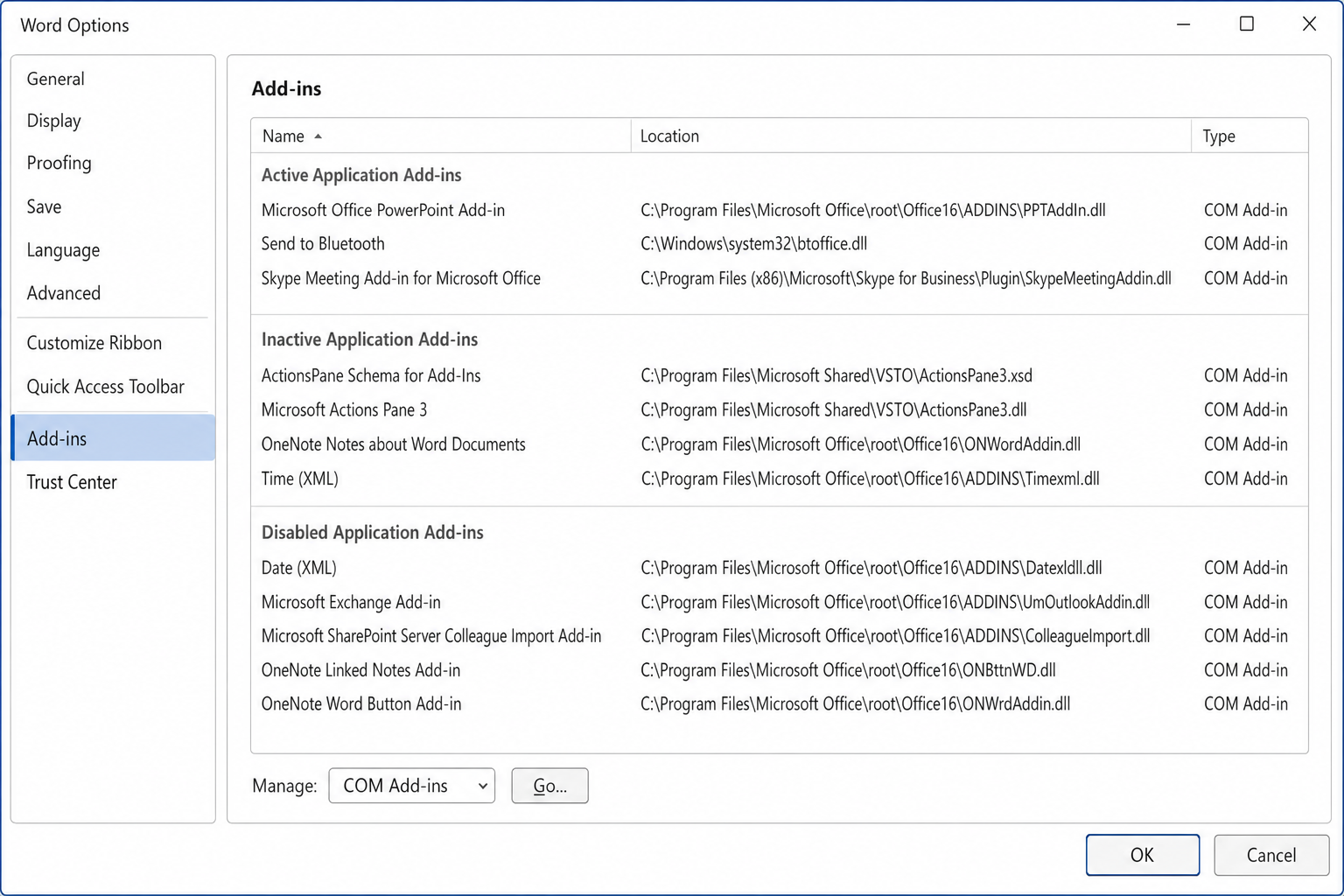 Word Options > Add-ins page with COM Add-ins selected in the Manage dropdown and the Go button visible