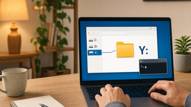 Laptop screen displays a file-transfer diagram with a yellow folder icon connected to drive Y: (C:, D:, Y:) while typing on the keyboard.