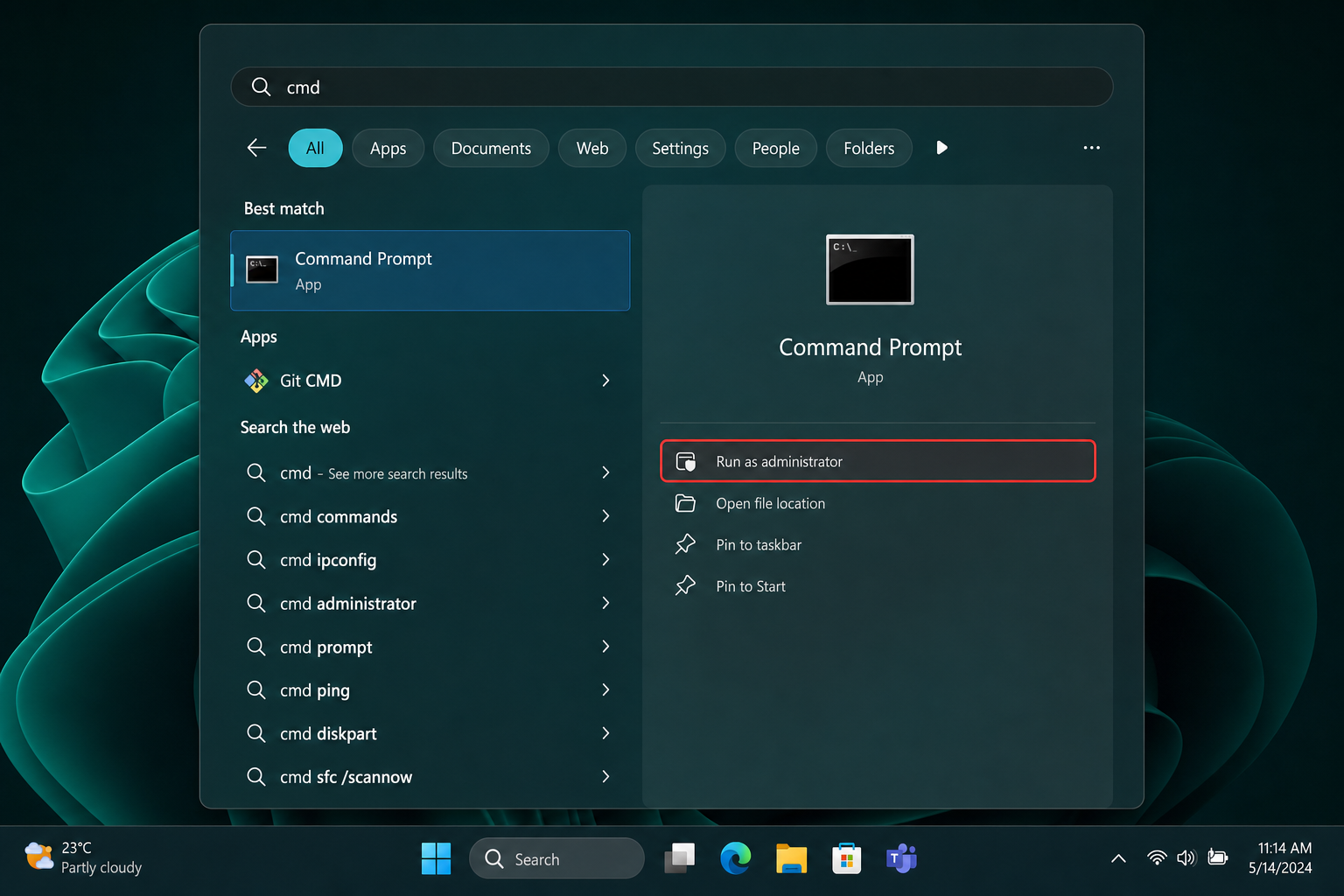 Windows 11 Start search showing "cmd" with Command Prompt highlighted in results
