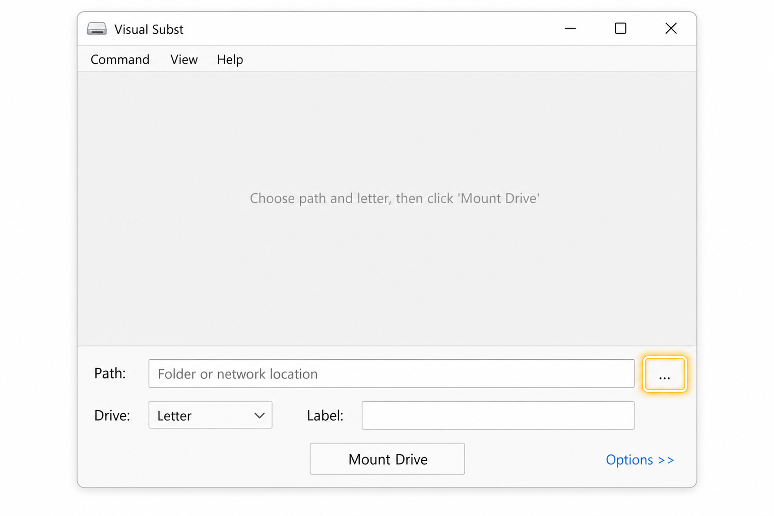 Visual Subst main window with Browse button highlighted next to the folder path field