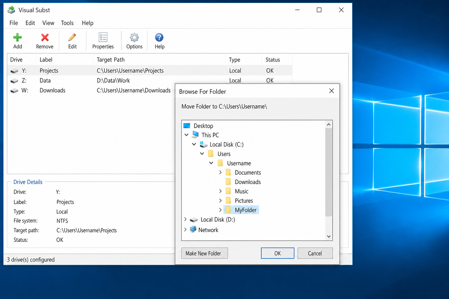 Browse For Folder dialog box with a folder selected and OK button visible