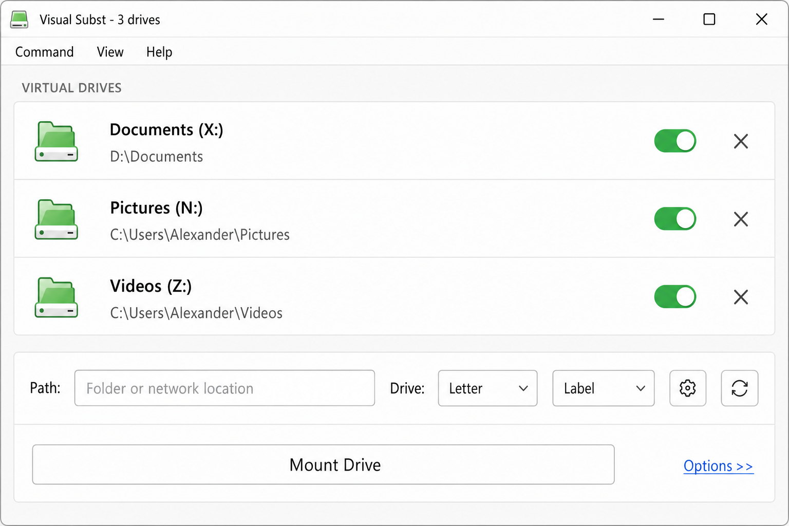 Visual Subst main window showing the newly added virtual drive entry in the list