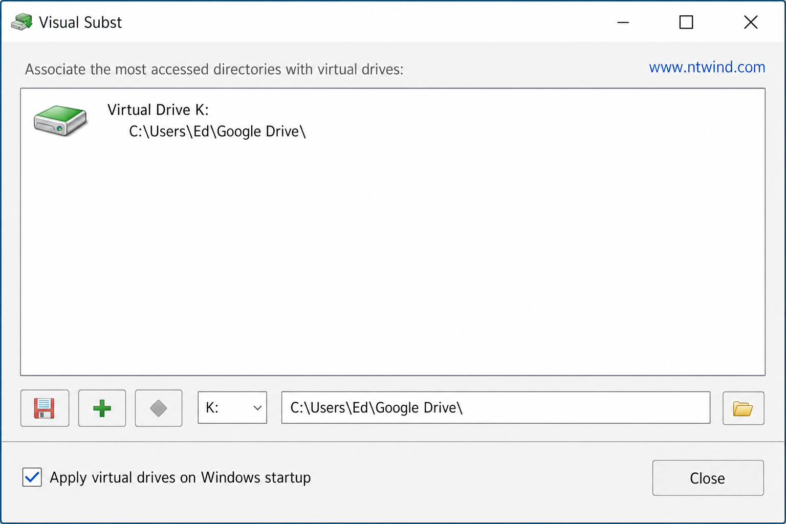 Visual Subst window with "Apply virtual drives on Windows startup" checkbox checked
