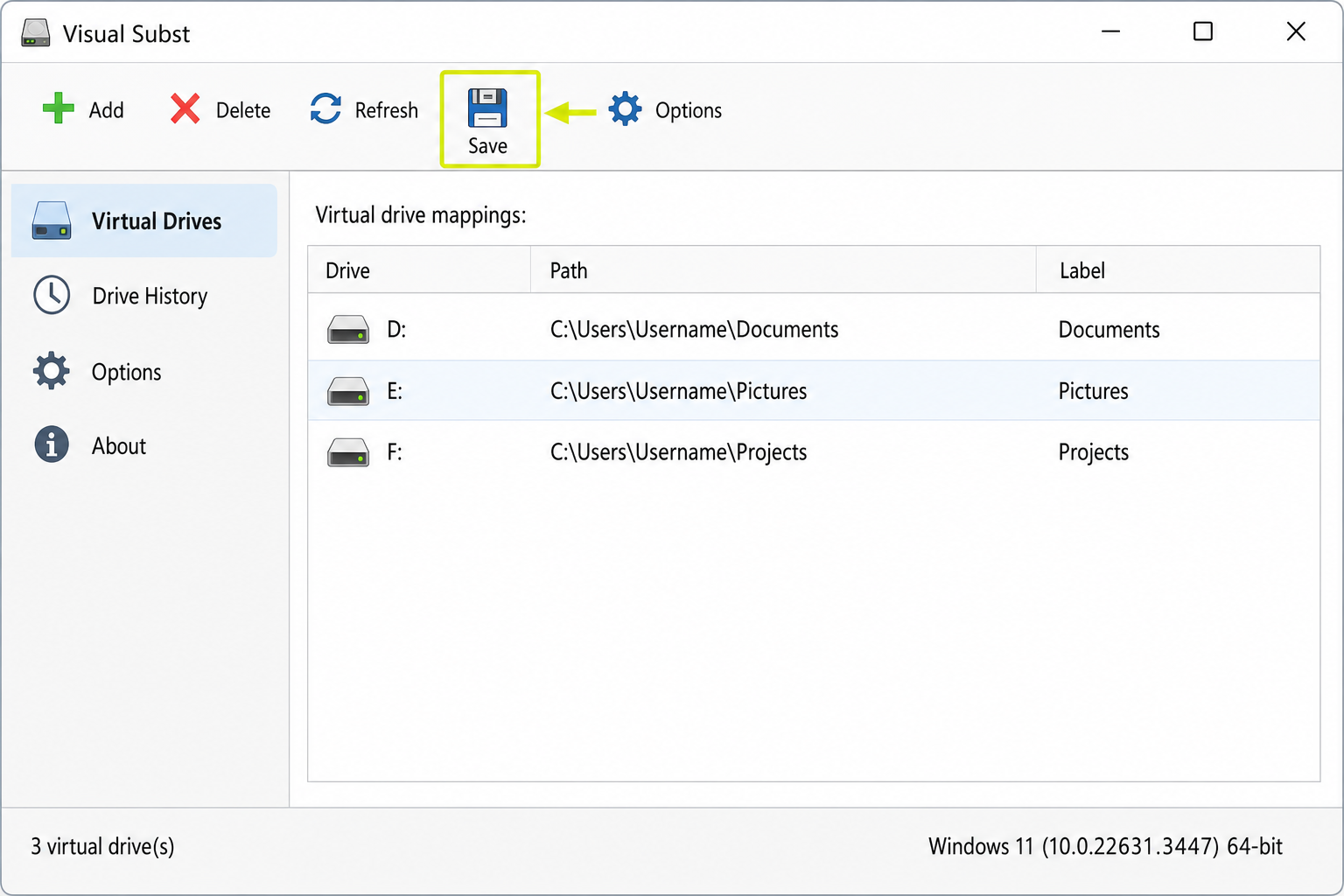 Visual Subst window with the Save (floppy disk) button highlighted on the toolbar