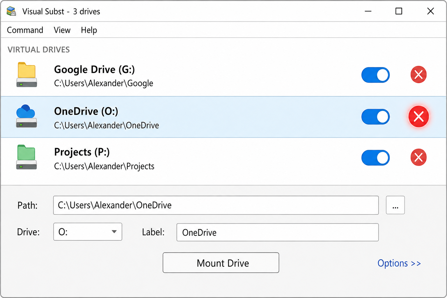 Visual Subst main window with a virtual drive selected in the list and the red X delete button highlighted