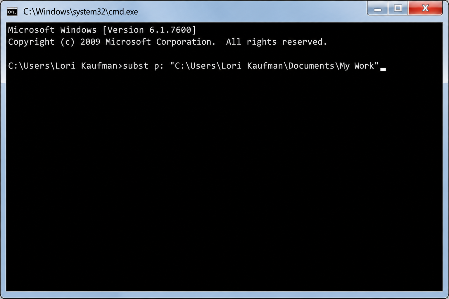 Command Prompt window showing the subst command entered with a folder path in quotes