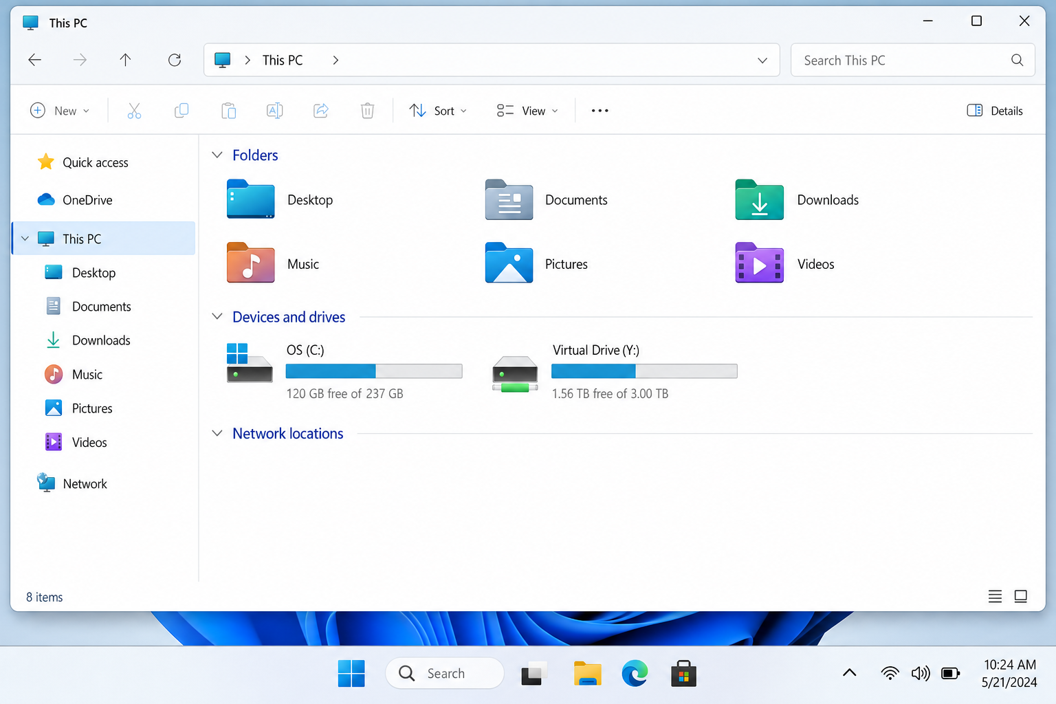 File Explorer "This PC" view showing the newly mapped Y: virtual drive listed under Devices and drives
