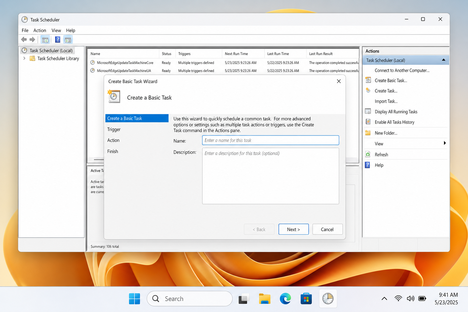 Windows 11 Task Scheduler window open and ready to create a new task