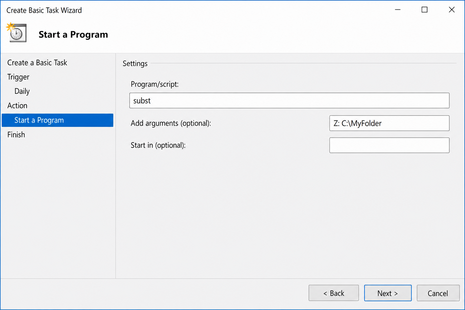 Task Scheduler Create Basic Task wizard showing the "Start a program" action step with subst in the Program/script field and the drive mapping in the arguments field