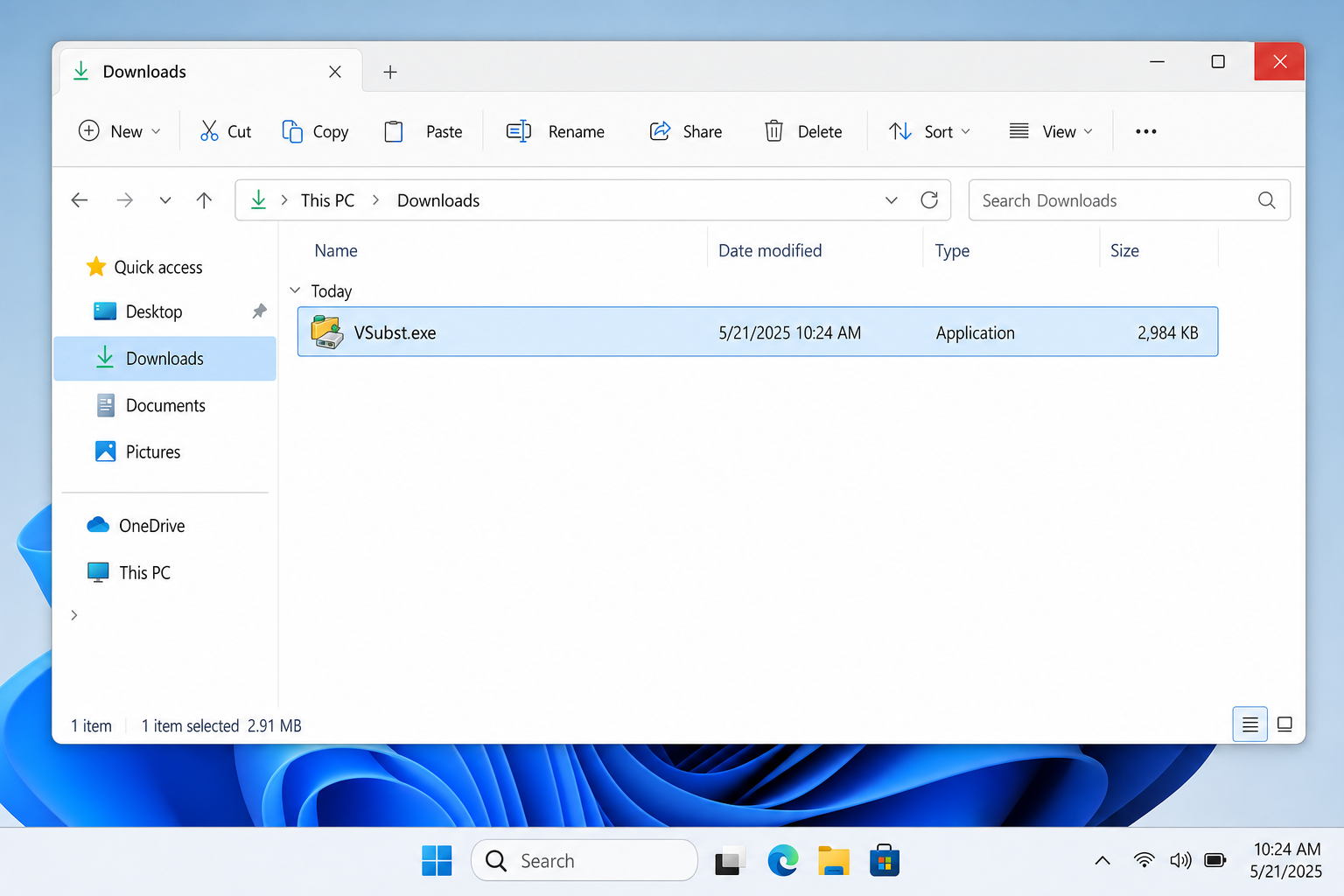 Visual Subst installer executable file in File Explorer Downloads folder
