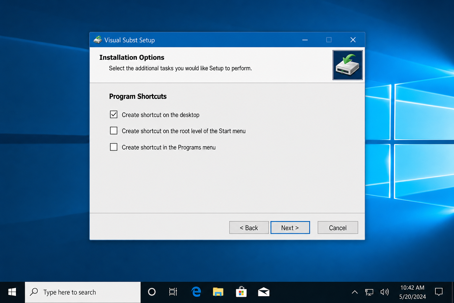 Visual Subst Installation Options screen with Program Shortcuts checkboxes and Next button