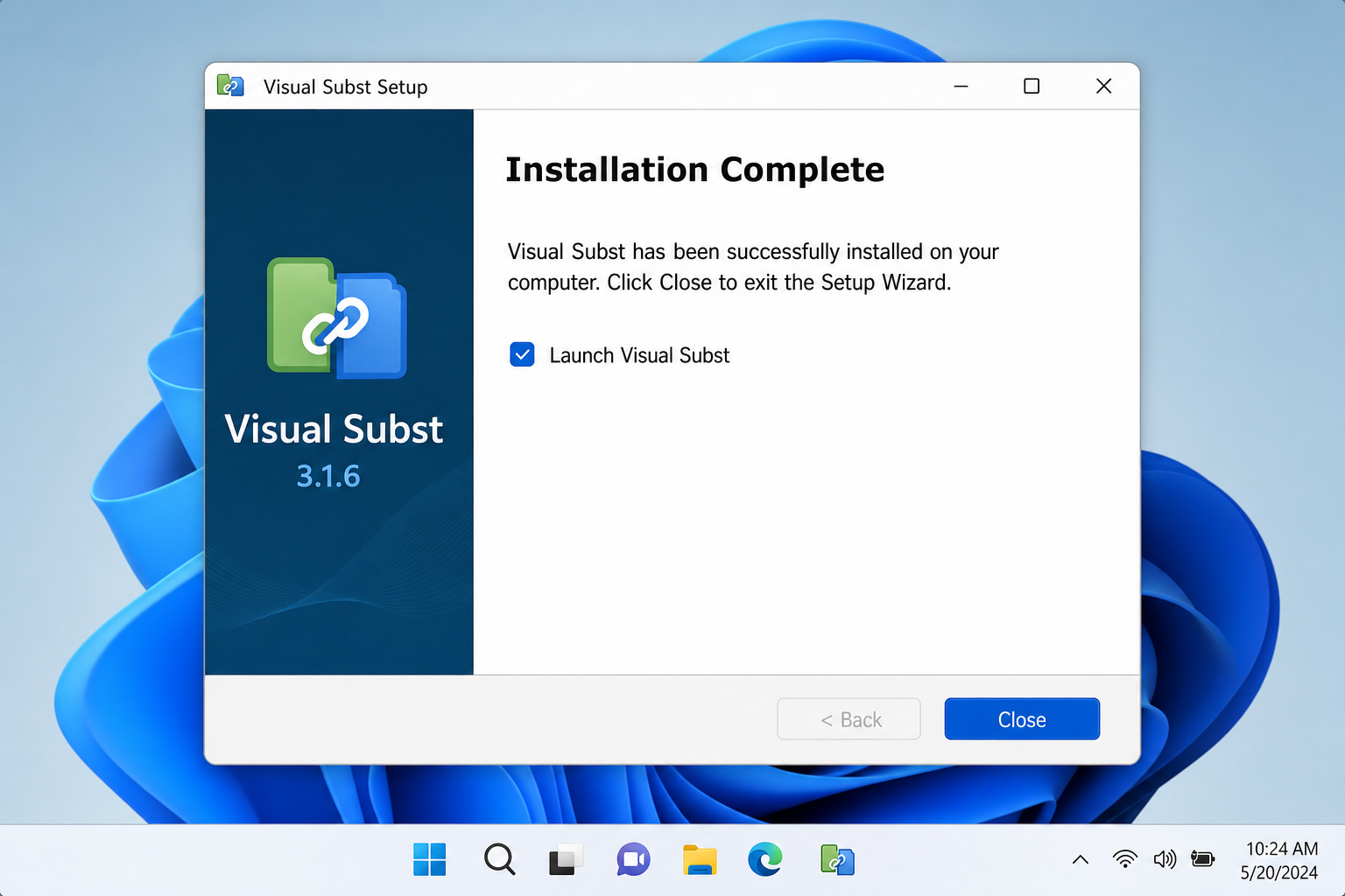 Visual Subst Installation Completed screen with Close button
