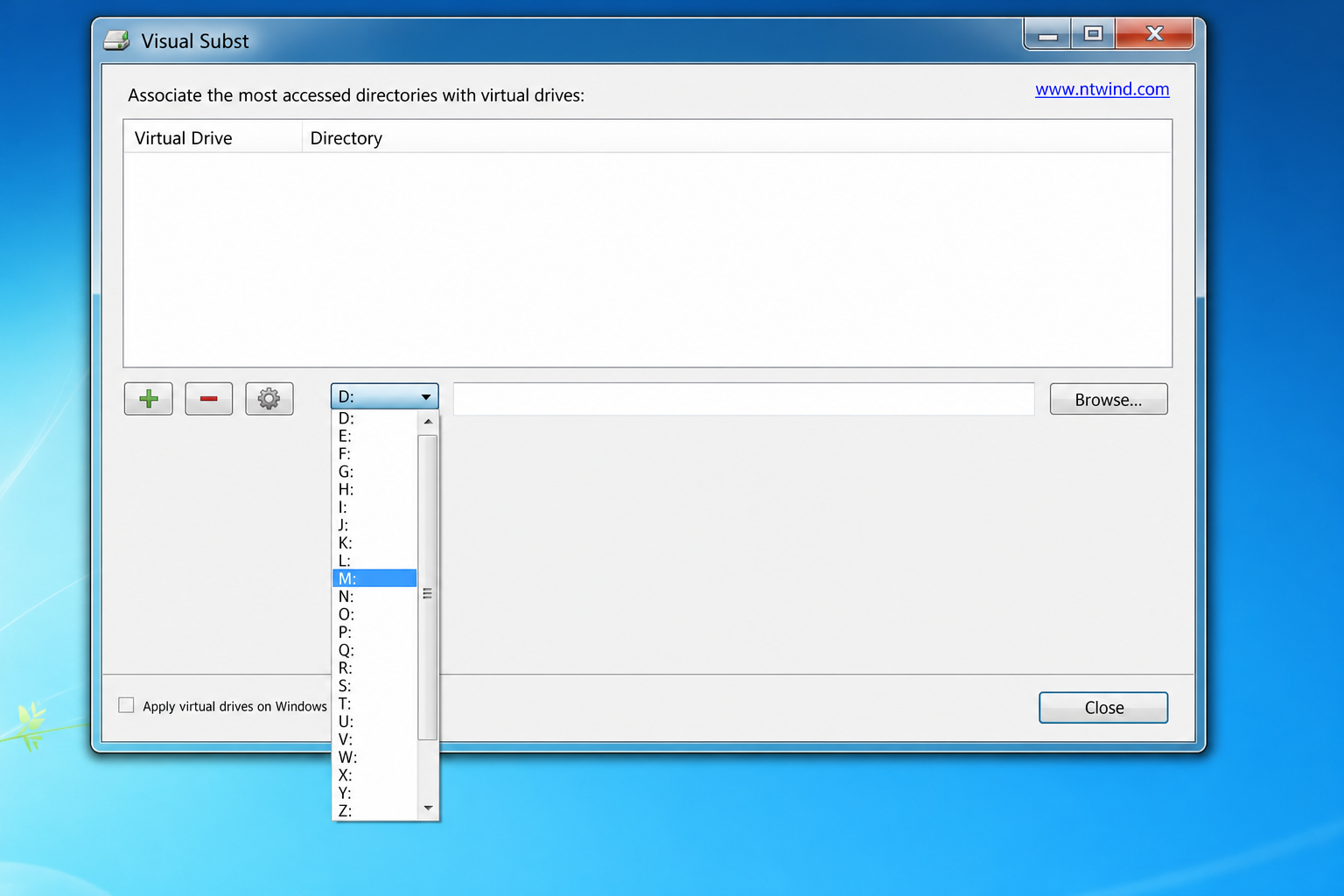 Visual Subst main window with drive letter dropdown open showing available letters
