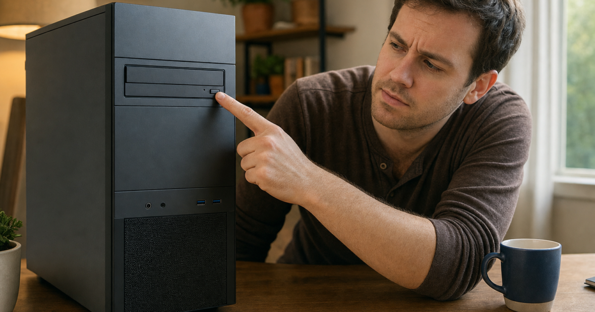 Man at a desk points at the front CD/DVD drive on a black desktop computer tower, looking puzzled or thoughtful.